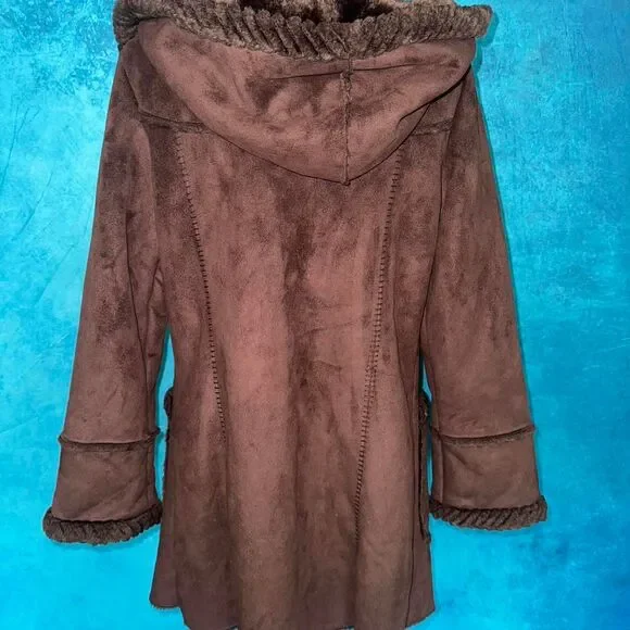 Vintage Brown Faux Shearling Hooded Coat - Picture 5 of 6